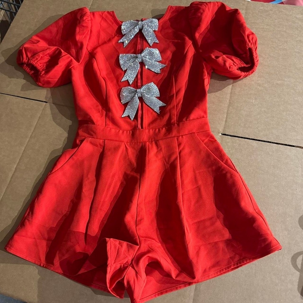Small Vici Red romper with silver bows